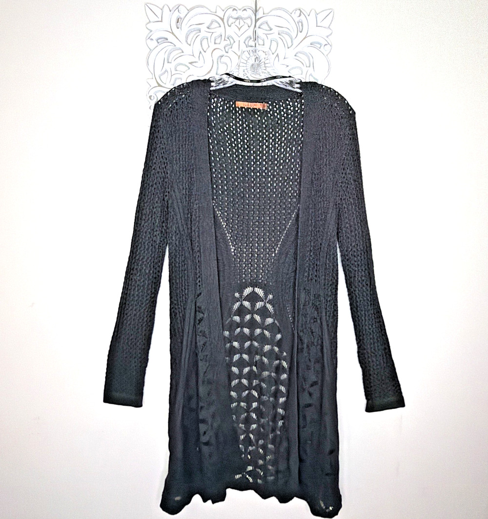BELLDINI Women's size LARGE Open Front Sweater Cardigan Eyelet Knit Dark GRAY
